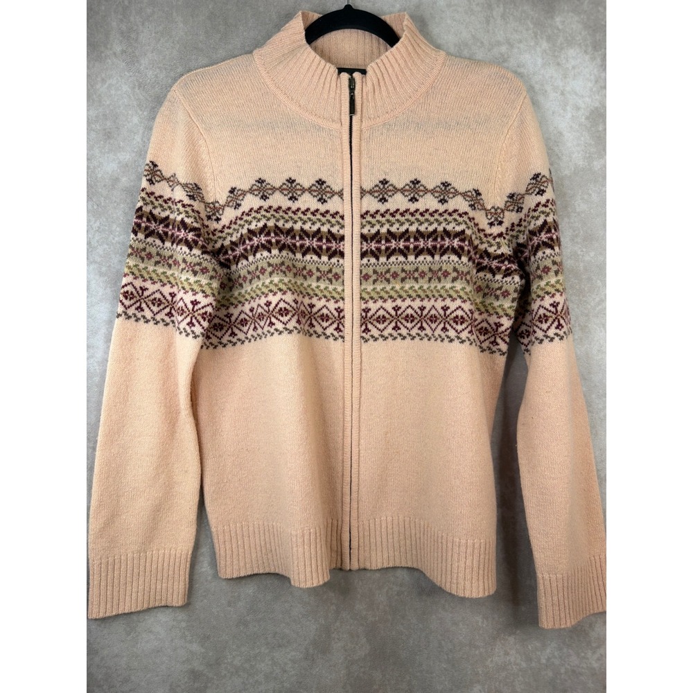 Van Heusen Cardigan Large Peach‎ Fair Isle Lambswool Full Zip Mock Neck Sweater